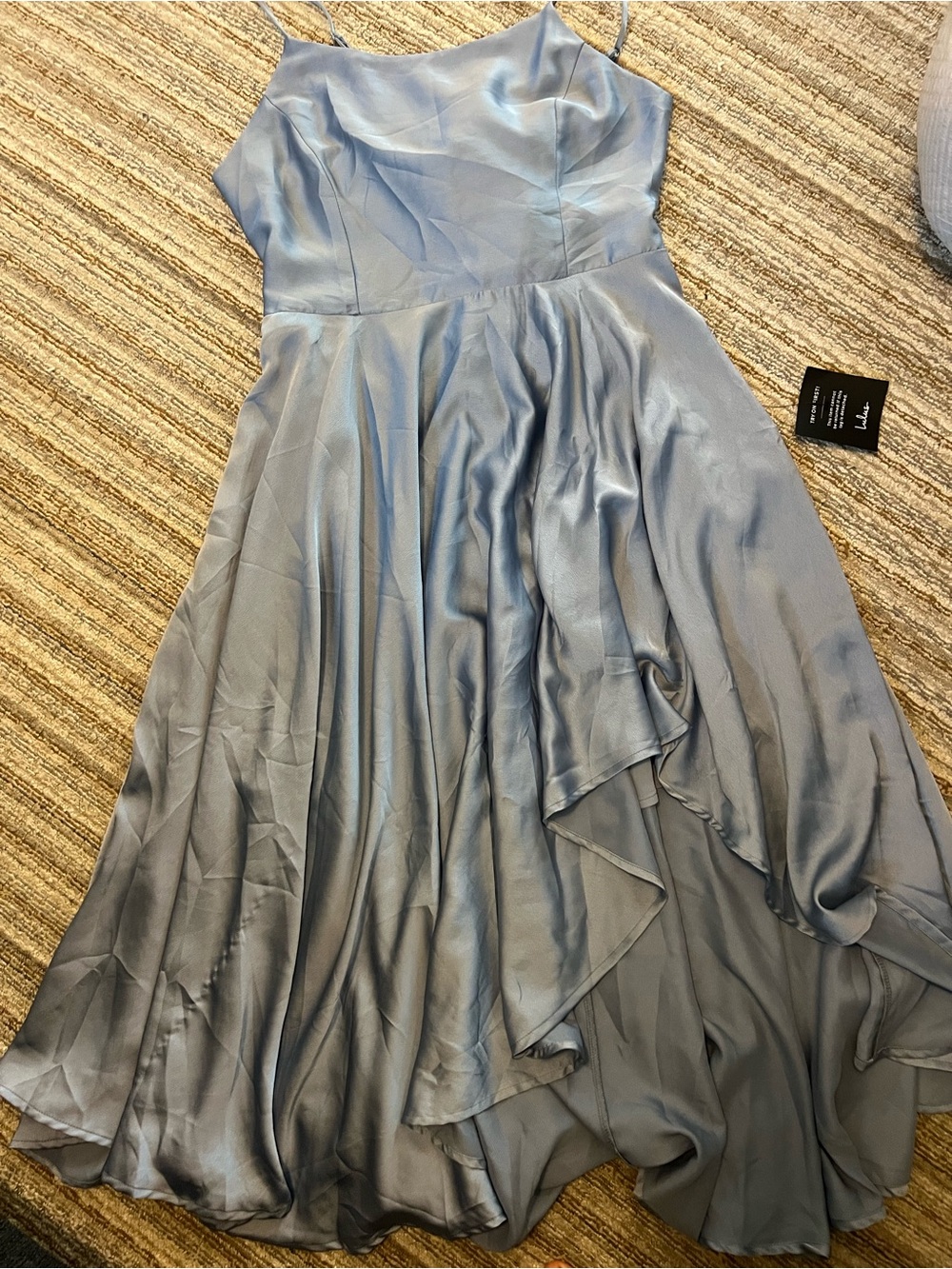 Lulu's Light Blue Satin Midi Dress with Spaghetti Straps
